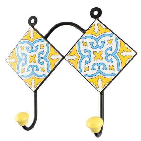 Yellow With Turquoise Floral Ceramic Tile Wall Hook